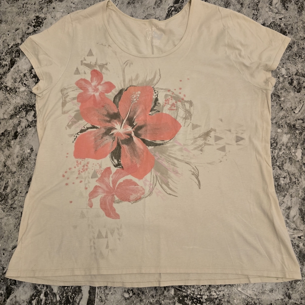 JMS Floral print T shirt white with peach flower 2x
